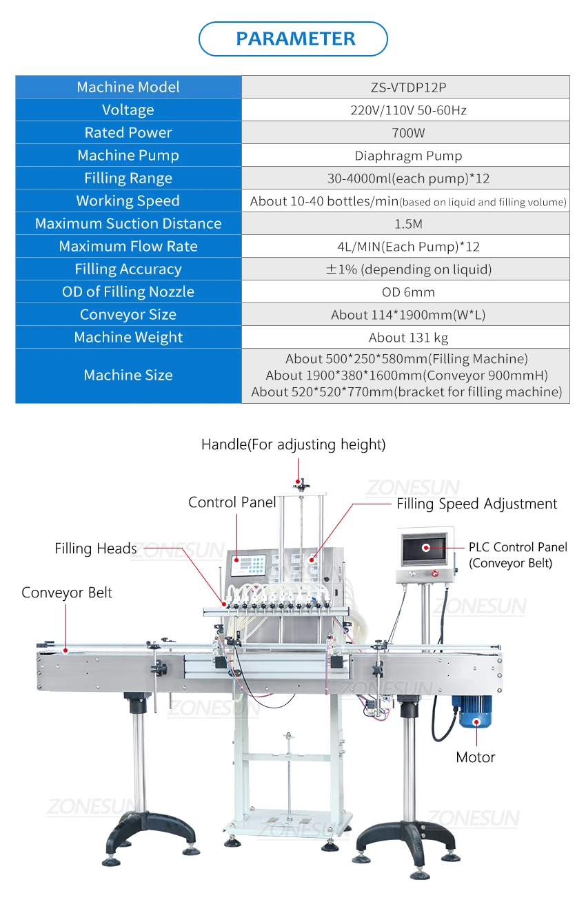 ZONESUN ZS-VTDP12P 12 Boquillas Bomba de diafragma Máquina de llenado de líquidos con transportador