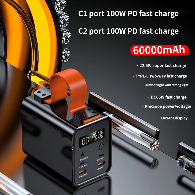 

60000mAh Large Capacity Power Bank Station Portable 100W Fast Charger External Battery Powerbank Emergency Power Supply DC Port