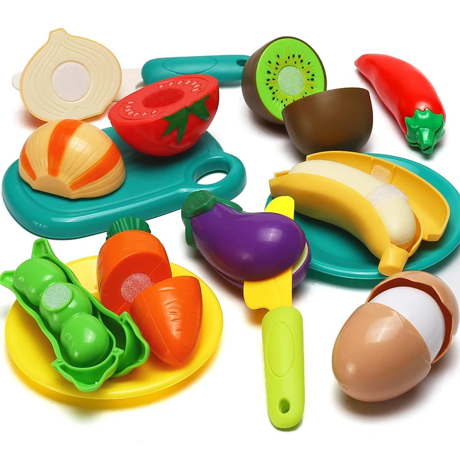 Cutting Play Food Toy for Kids Kitchen, Pretend Fruit &Vegetables Accessories with Shopping Storage Basket, Plastic Mini Dishes