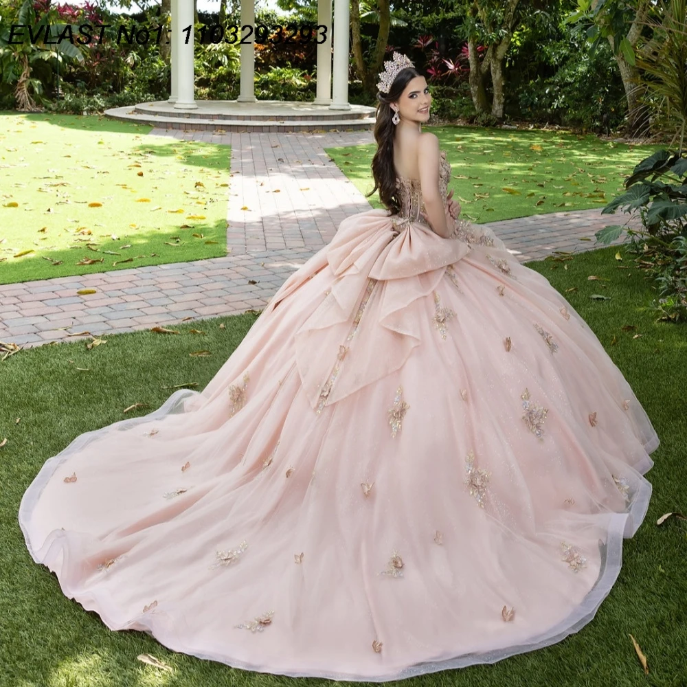EVLAST Beige Ball Gown Quinceanera Dress Butterflies Applique Beading Bow Sweet 16 Party Vestidos De 15 Anos E1Q695
