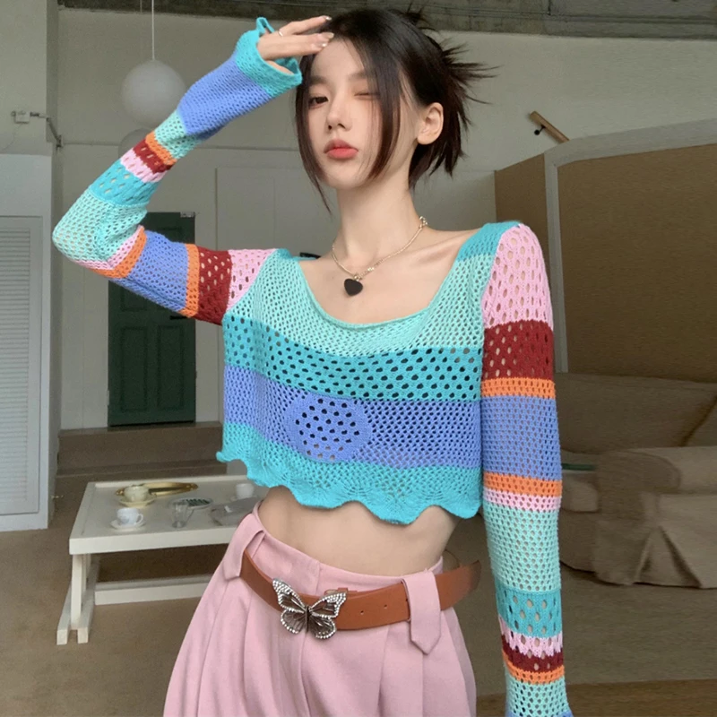 

Y2K Retro Stripe Cropped Sweater Women's Hollow Knit Blouse Top Casual Contrast Color Stripe Hollow Knit Top