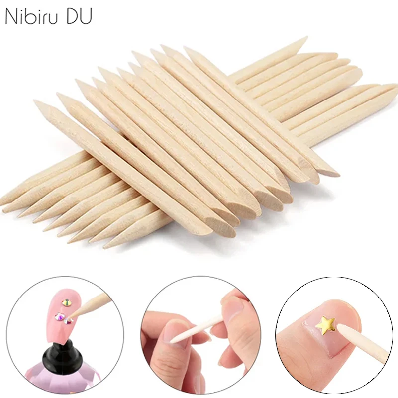 50/100 Wooden Cuticle Pusher Remover Nail Art Design Orange Wood Sticks Rhinestones Dotting Removal Manicure Pedicure Care Tools