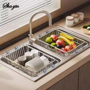 Household Stainless Steel Sink Drain Rack, Telescopic, Non-Slip, Dish Drying Rack, Kitchen, Bathroom, Countertop Organizer Rack