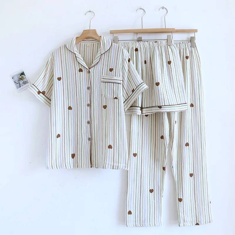 2024 New Women's Summer Pajama Set 100% Cotton Short Sleeves+Shorts+Pants Three Piece Cute Large Home Fury Set Sleepwear