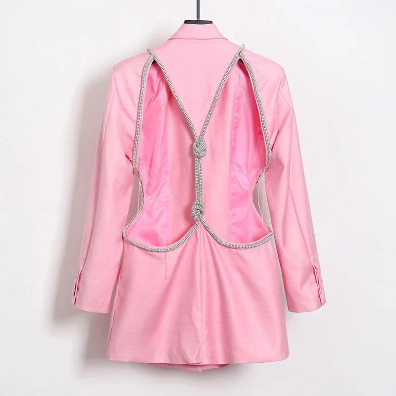 2023 New Fashion Sexy Backless Diamond Blazer Tops Female Lapel Collar Long Sleeve Slim Hollow Out Women's Coat