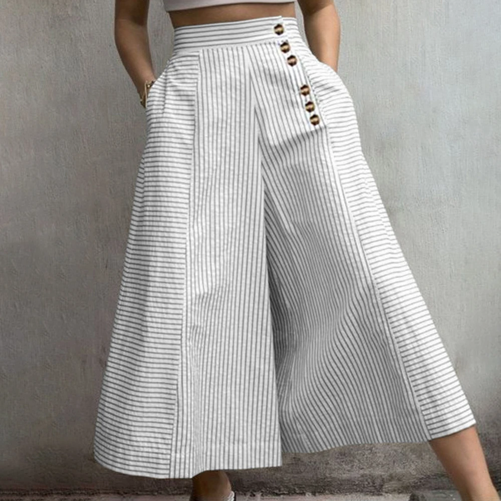 

2023 Autumn Womens Clothing Fashion Elegant Casual Loose Wide Leg Striped Trousers Button High Waist Straight Leg Wide Leg Pant