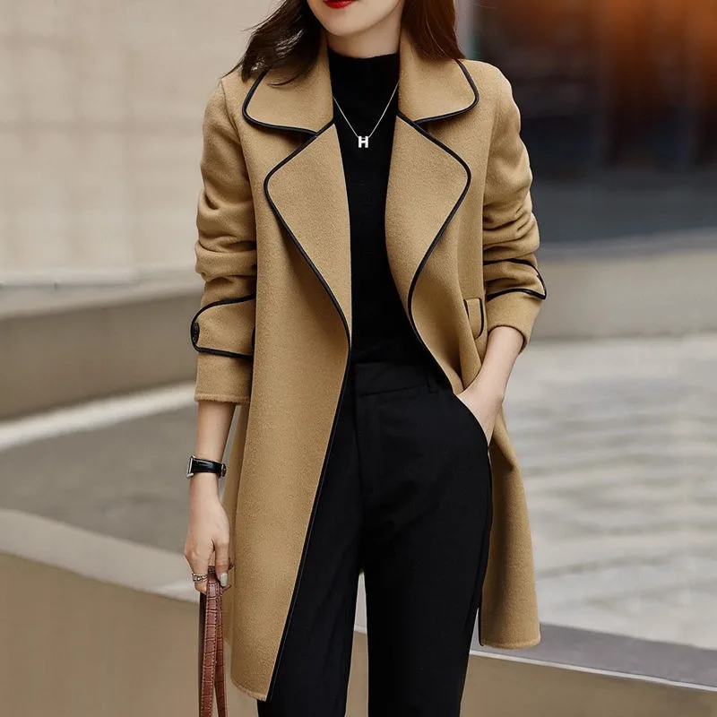 

2023 New Women Elegant Wool Coat with Belt Solid Color Long Sleeve Chic Outerwear Ladies Vintage Casual Woolen Jacket Overcoat