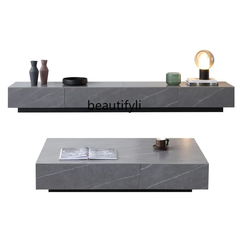 

Italian Minimalist Stone Plate TV Cabinet and Tea Table Combination Living Room Small Apartment Light Luxury Floor TV Stand