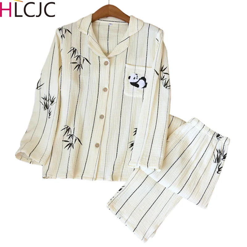 

2023 Spring Newest Pyjamas Yellow Bamboo Leaf Striped Design Trouser Pyjamas Women Long-sleeved Casual Homewear Long Pant Suit