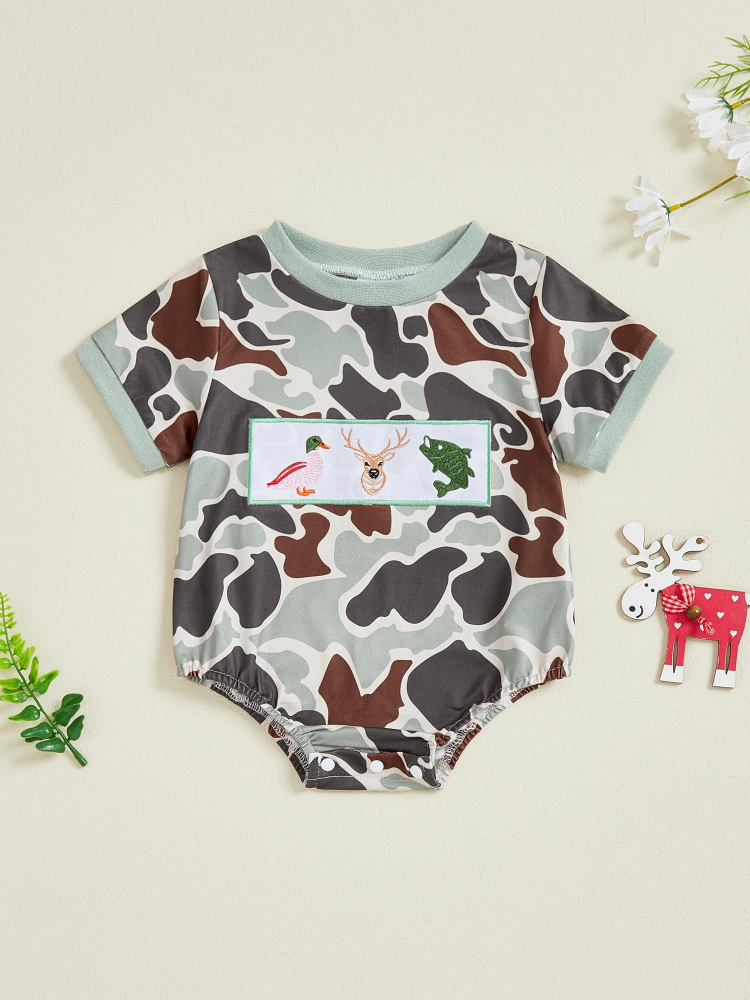 Infant Camo Print Romper with Cute Animal Embroidery Short Sleeves and Round Neckline for Summer Fun Jumpsuits