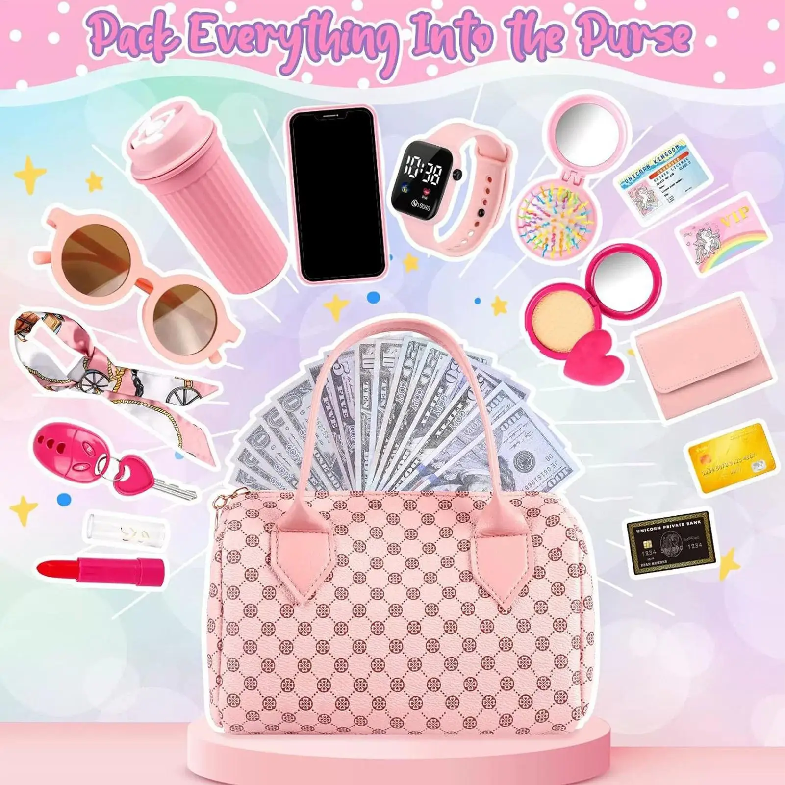NEW Little Girls Play Purse Kids Pretend Play Purse Cell Phone/Makeup/Keys Princess Makeup Purse for Christmas Birthday Gift