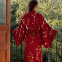 Luxury Burgundy Kimono Robe Women Wedding Bride Bathrobe Sexy Bronzing Flower Morning Dressing Gown Elegant Sleepwear Nightgown - Image 2