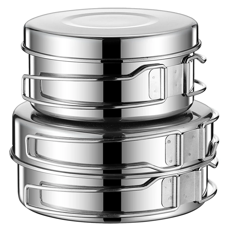 Non Stick Cookware Set 2PCS/SET Stainless Steel Cookware Kit Cooking Pot and Pan Set with Plates Cups for Outdoor Camping Backpacking