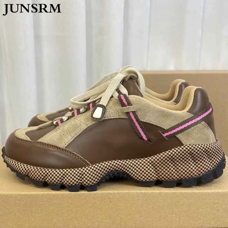 

Women's Mixed Color Flat Casual Shoes Patchwork Genuine Leather Breathable Retro Sneakers Thick Sole Lace Up Walking Shoes Brand