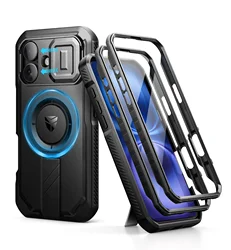 Kickstand Shockproof Case with Slide Camera Cover and Built-in Screen Protector for iPhone 16 (Black)