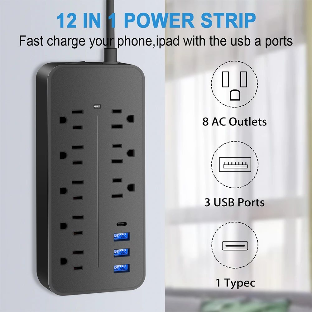 Power Strip US/EU Power Strip 10A 110V 220V 3 USB Type-C Power Smart Patch Panel 2000W Surge Protection Plug Charge Electrical Socket