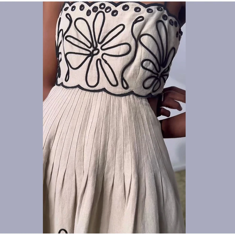 Image of Embroidery Women Strap Dress Sexy Hollow Out Sleeveless Backless Wave Hem Lady Dresses 2025 Spring Summer Beach Ladies Robe