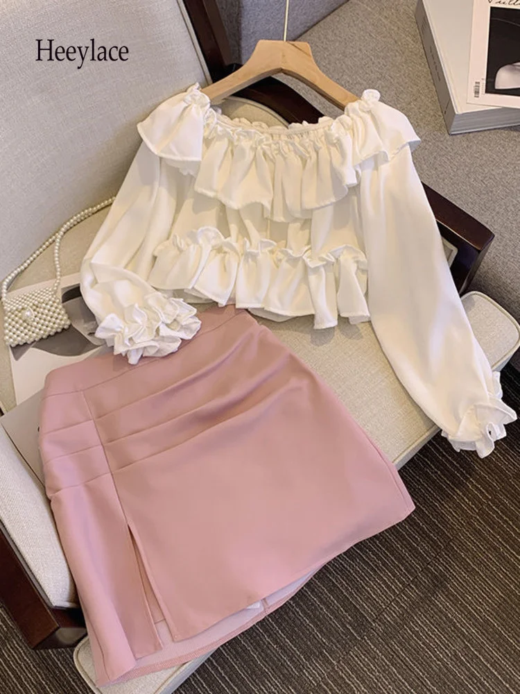 

Summer 2 Piece Sets Womens Outfit Women Long Sleeve Ruffles Patchwork Slash Neck White Top + Pink Skirt Sets For Women Outfits