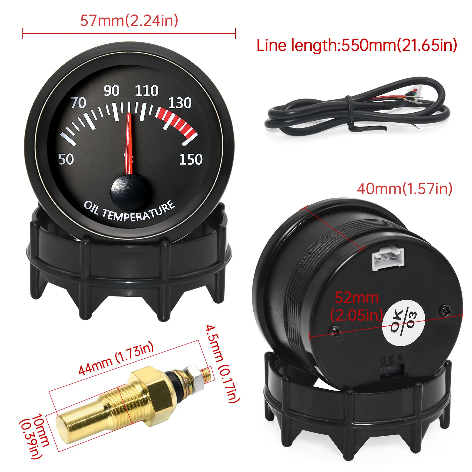 마이메이미 자동차 50150 ℃ 백색광이 있는 오일 온도 게이지 2인치 52mm 오일 온도계+센서 1/8NPT 레이싱카용 12V