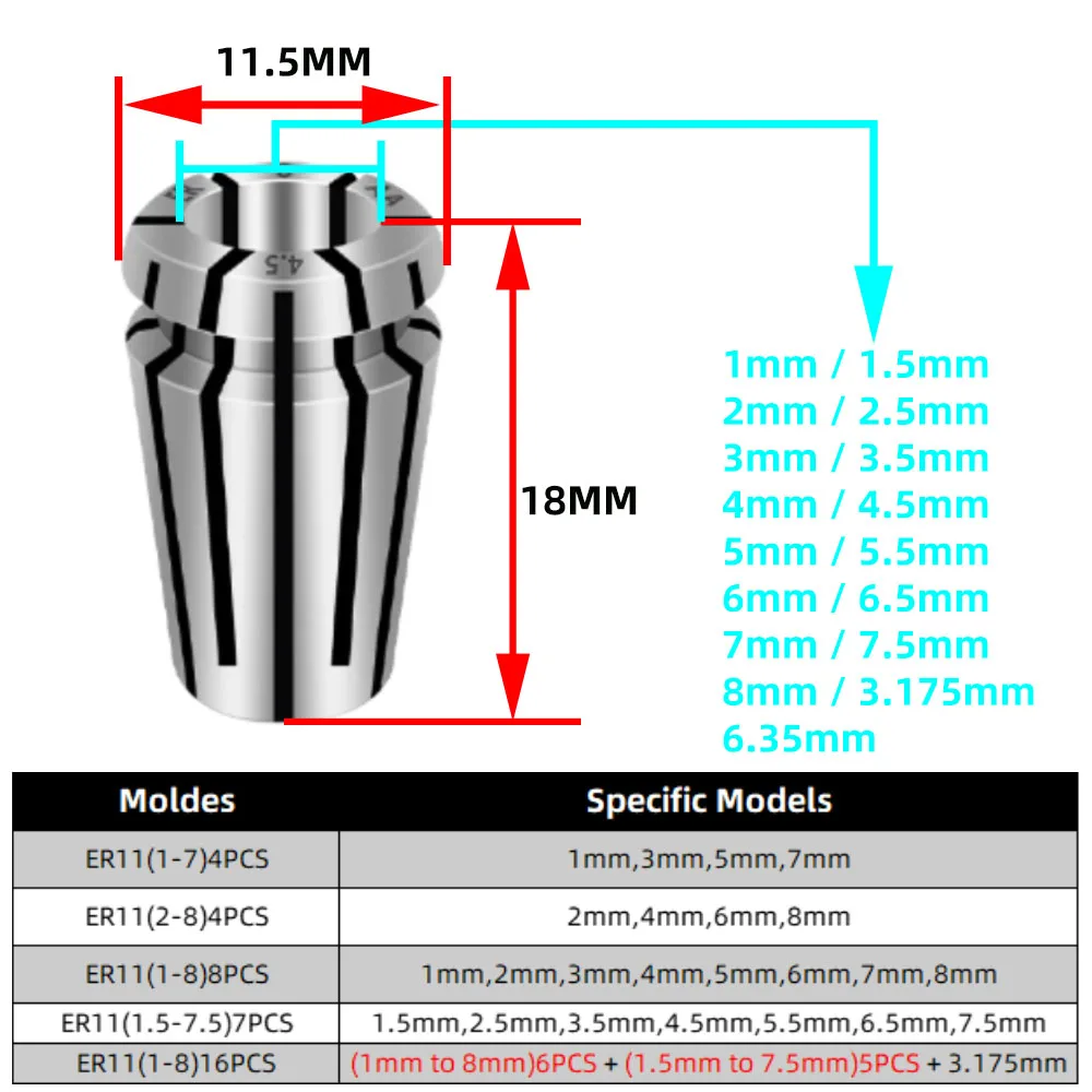Accuracy 0.008 ER11 Collet Chuck Engraving machine spring Collets 1-7mm 8mm CNC Spindle ER Tool Holder spring collet tool holder collet chuck spring collet chuck collet chuck holder engraving collet chuck