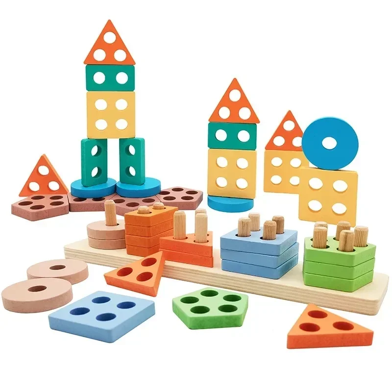 

Montessori Kids Wooden Toys Geometric Building Blocks Sorting Stacking Toys Baby Educational Shape Color Sorter Preschool Gifts