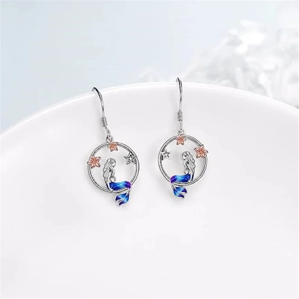 Female Cute Mermaid Flower Drop Earrings Trendy Bridal Silver Color Dangle Wedding Jewelry For Women