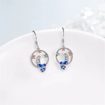 Female Cute Mermaid Flower Drop Earrings Trendy Bridal Silver Color Dangle Wedding Jewelry For Women