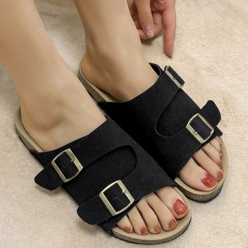 

Cork Footbed Sandals Women Summer Fashion Suede Flats Sandals With Arch Support Couple Open Toe Beach Slides Adjustable Comwarm