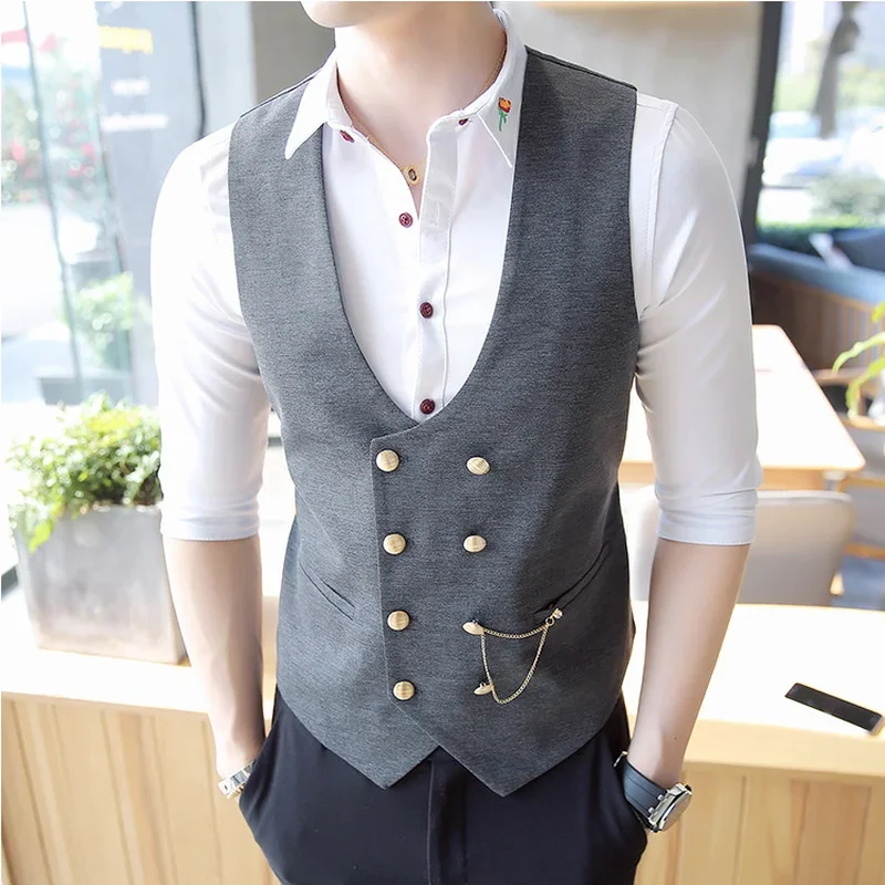 Dress Vests Men's Double Breasted Vest Spring Slim Sleeveless Formal Suit Vest Gray Black