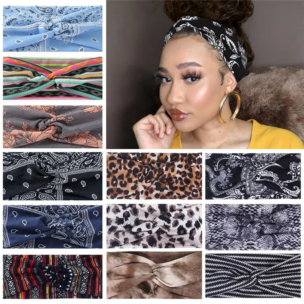 

Soft Women's Stretchy Headbands Absorbed Sweat Non-Slip Twisted Cross Hair Wrap Printed Hairbands for Daily Life Yoga Workout