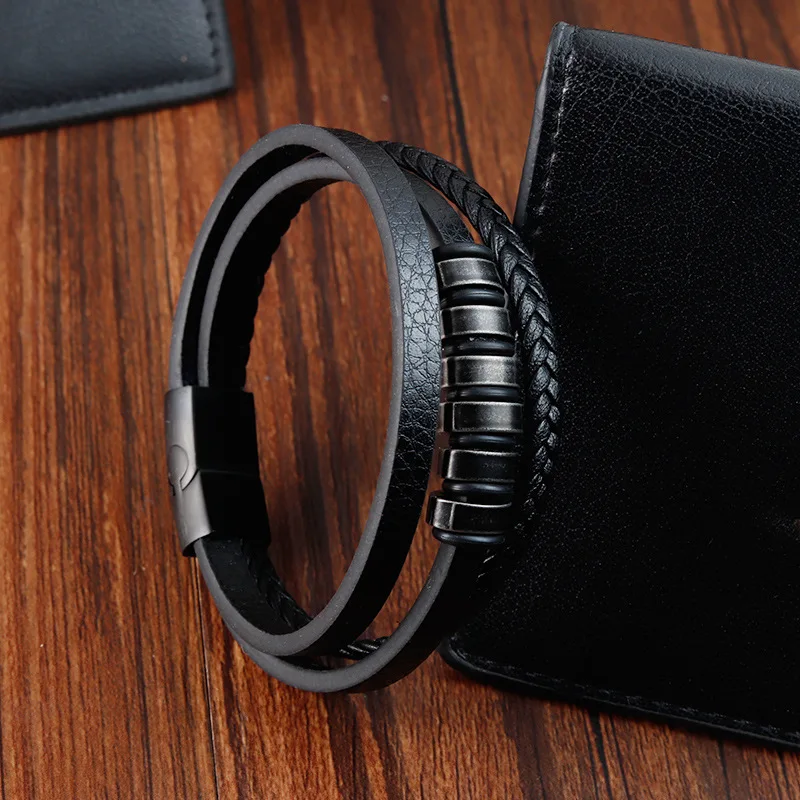 Knit Stainless Steel Genuine Leather Rope Black Vintage Black Bracelet Men Charms Gift