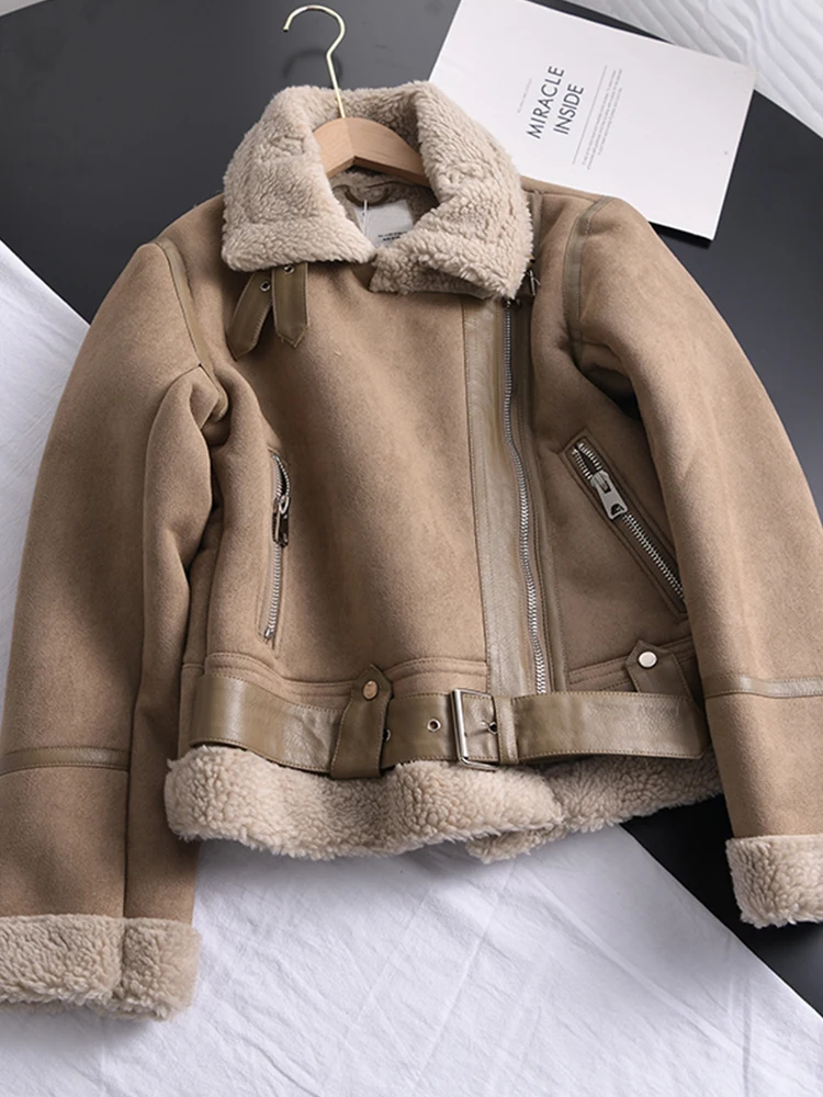 Ailegogo-Chaqueta corta de piel de oveja para mujer, abrigo grueso y cálido  de ante, color marrón, ideal para invierno - AliExpress
