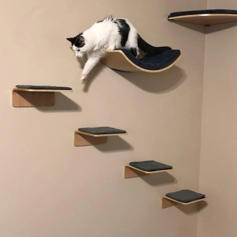 1 Piece Cat Wall Mounted Shelf Furniture Wooden Cat Bed and Scratcher Post with Climbing Ladder Steps for Kitten Play and Rest 1 Piece Cat Wall Mounted Shelf Furniture Wooden Cat Bed and Scratcher Post with Climbing Ladder Steps for Kitten Play and Rest