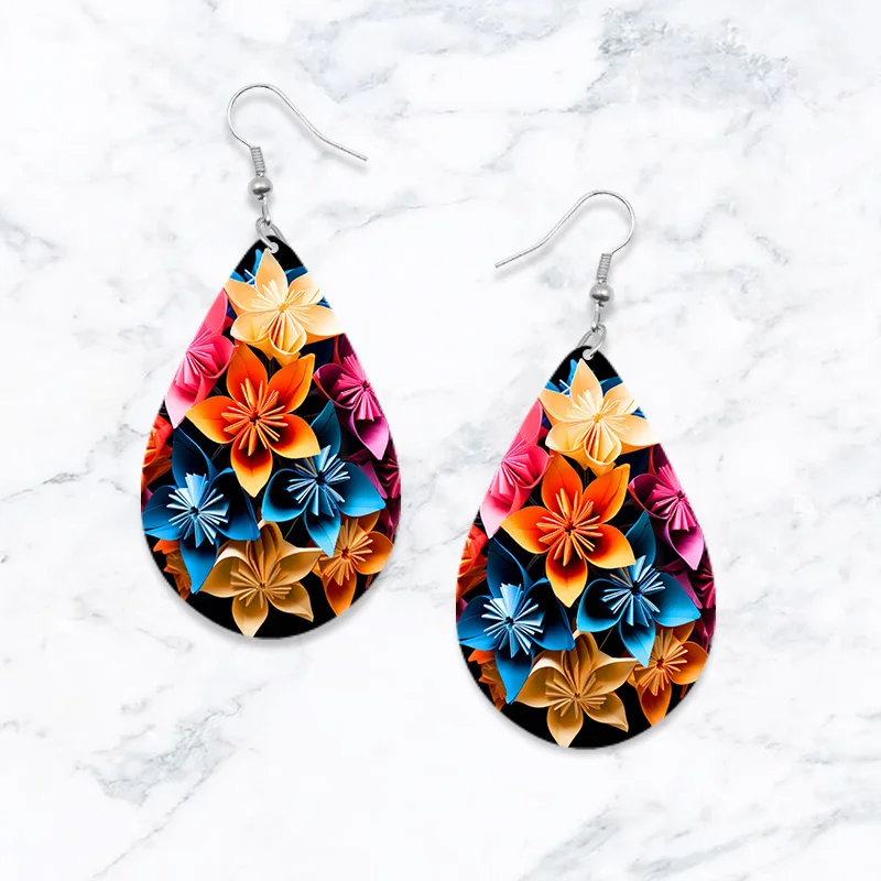 SOMESOOR Vintage Colorful Daffodils Printed Teardrop Wooden Earrings Bohemian Floral Wood Dangle Jewelry For Kids Female Gifts