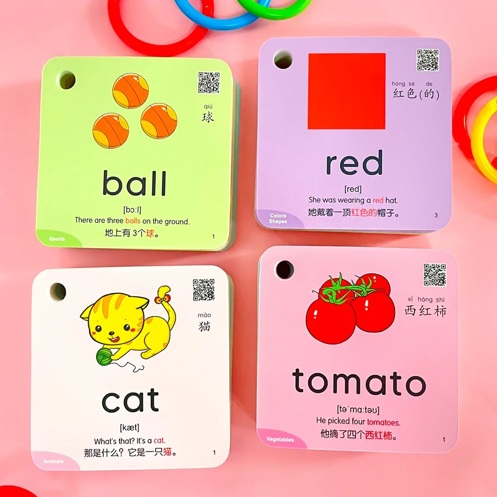 300 Cards Kids English Words Learning Cards English and Chinese Bilingual FlashCard Animals Number Color Shape Educational Toys 3