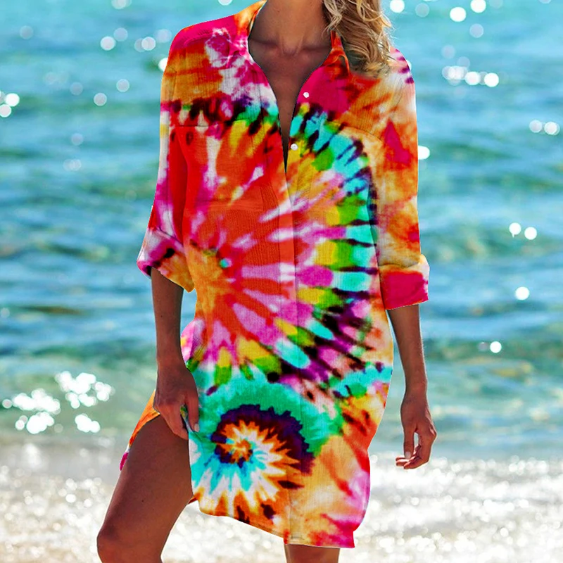 Hawaii Tropic Scenery Print Blouses Women Summer Holiday Beach Shirt Blouse Sunscreen Bikini Jacket Swimsuit Buttons Cardigan