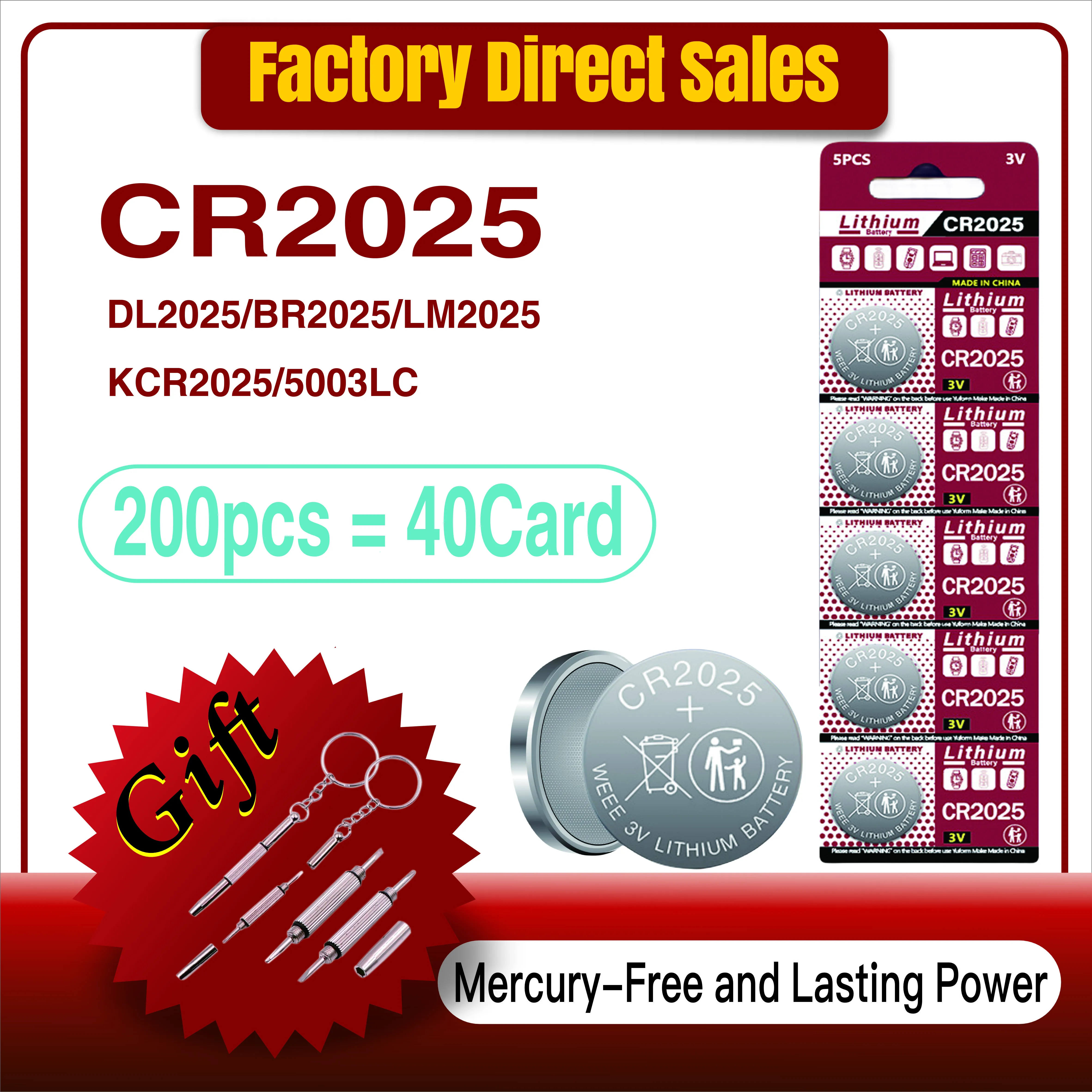 

200PCS 3V CR2025 Lithium Button Battery DL2025 BR2025 5003LC LM2025 CR 2025 Coin Cell Watch Batteries for Toys Clock Computer