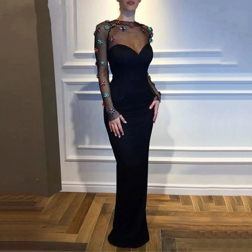 

Black Swan Velvet Round Neck Sexy Mesh Decoration Colorful Beads Slim Fit Mermaid Wrapped Hip Long Dress Attends Dinner Party