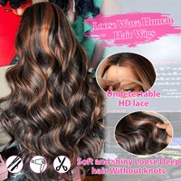Perruque Lace Frontale HD 13x6 en Cheveux Humains, Densité 220, 30 Pouces, Noir Brun 1B/30, Ondulée Body Wave, avec Mèches Colorées 2