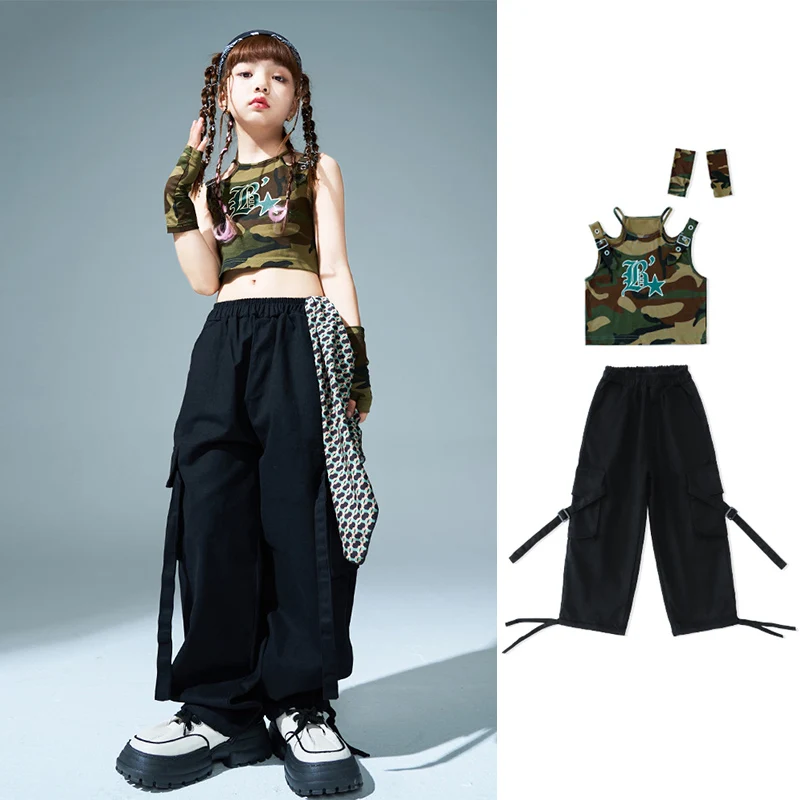 

2023 New Girls Kpop Jazz Dance Outfit Camouflage Tops Black Cargo Pants Summer Hip Hop Dancewear Children Streetwear DL10676