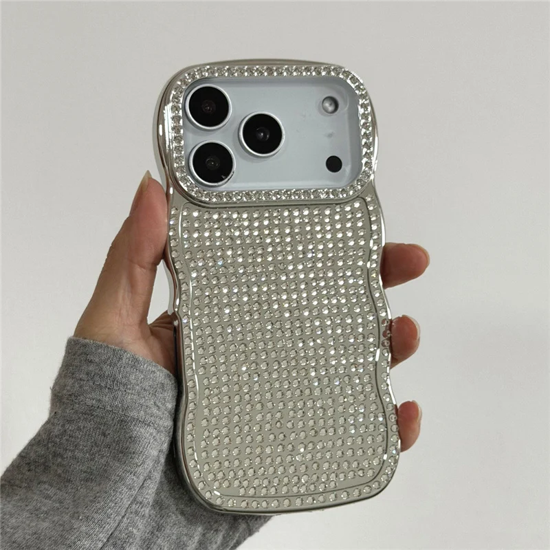 Luxury Silver Sparkling Diamonds Wavy Border Phone Case - Plating Shockproof Back Cover