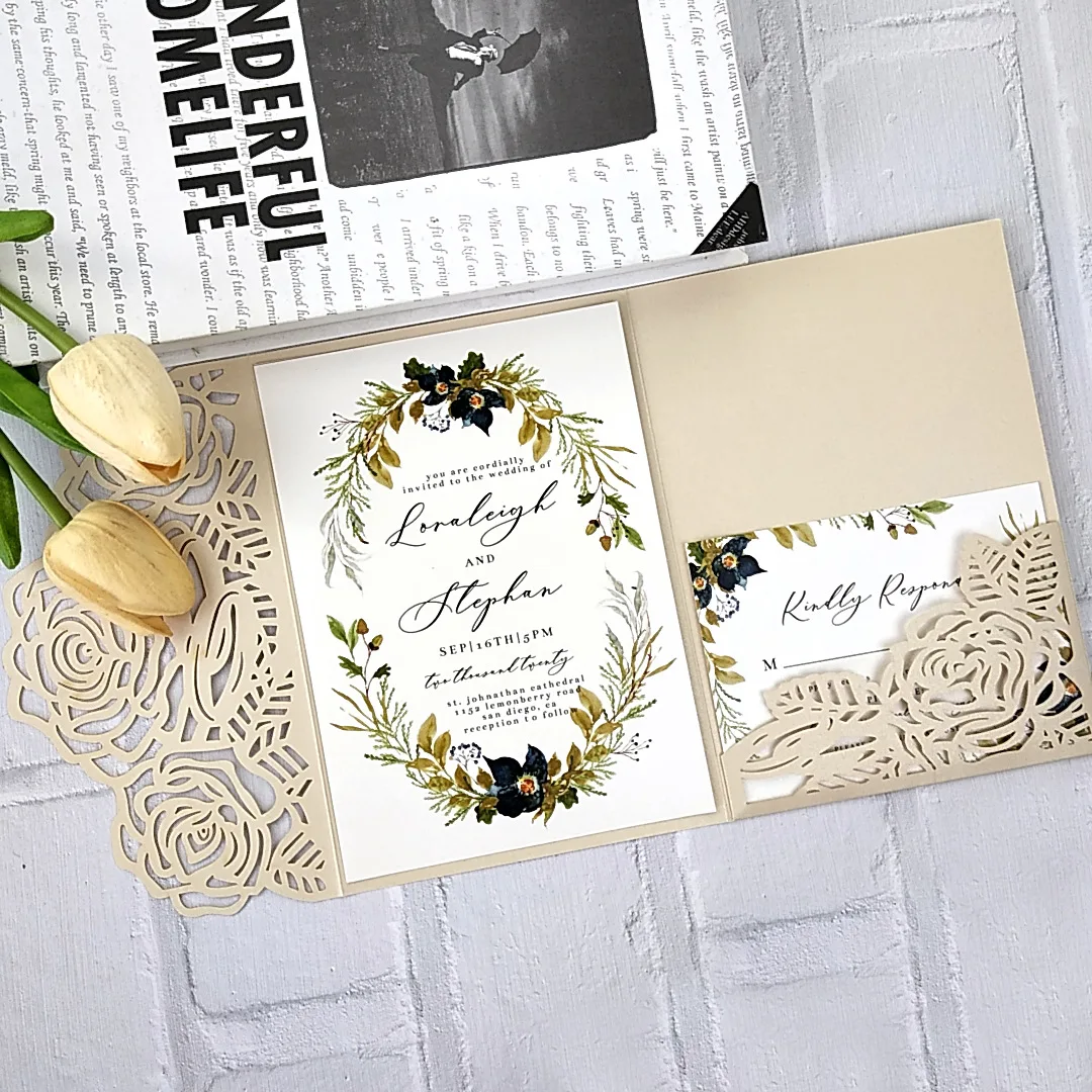 Forest Green Laser Cut Wedding Invitations DIY Kit Printable Tri-fold Floral XV Birthday Shower RSVP Card 10 pieces/lot