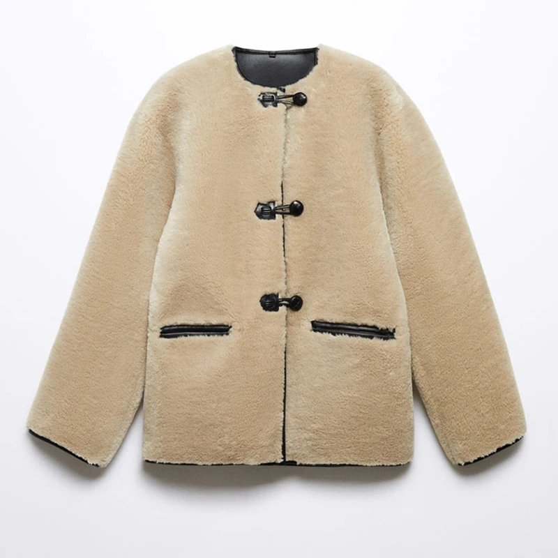 

Autumn Winter Integrated Fur Wool Jacket Women 2024 Patchwork O-Neck Long Sleeved Outerwear Streetwear Female Fur Suede Jackets