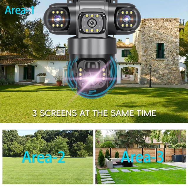 Solar 4G Camera With Sim Card 12MP 6K Three Lens Three Screen Monitor Night Vision Security Protection PTZ Video Surveillance 6
