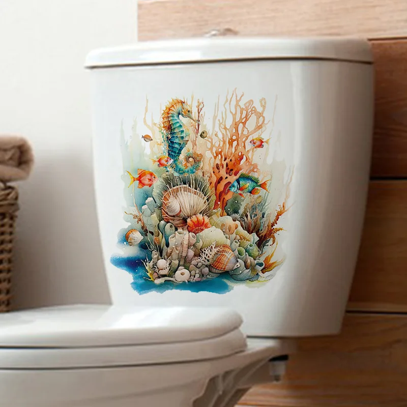 Toilet Wall Stickers T743#Underwater World Self Adhesive Mural Bathroom Toilet Decor Living Room Cabinet Home Decoration