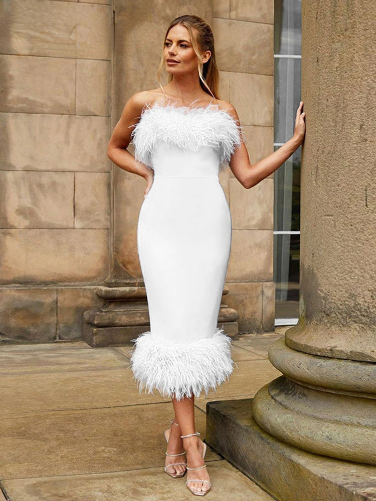 

Elegant Off Shoulder Backless White Feather Tube Midi Dresses Women 2022 Autumn Winter Sexy Sleeveless Bodycon Party Club Dress