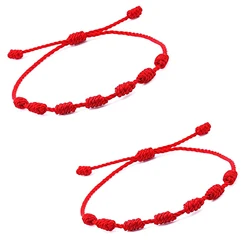 Handcrafted Adjustable Red String and Black Cord Kabbalah Bracelet Amulets for Protection (Set of 2) (Red 7knot)