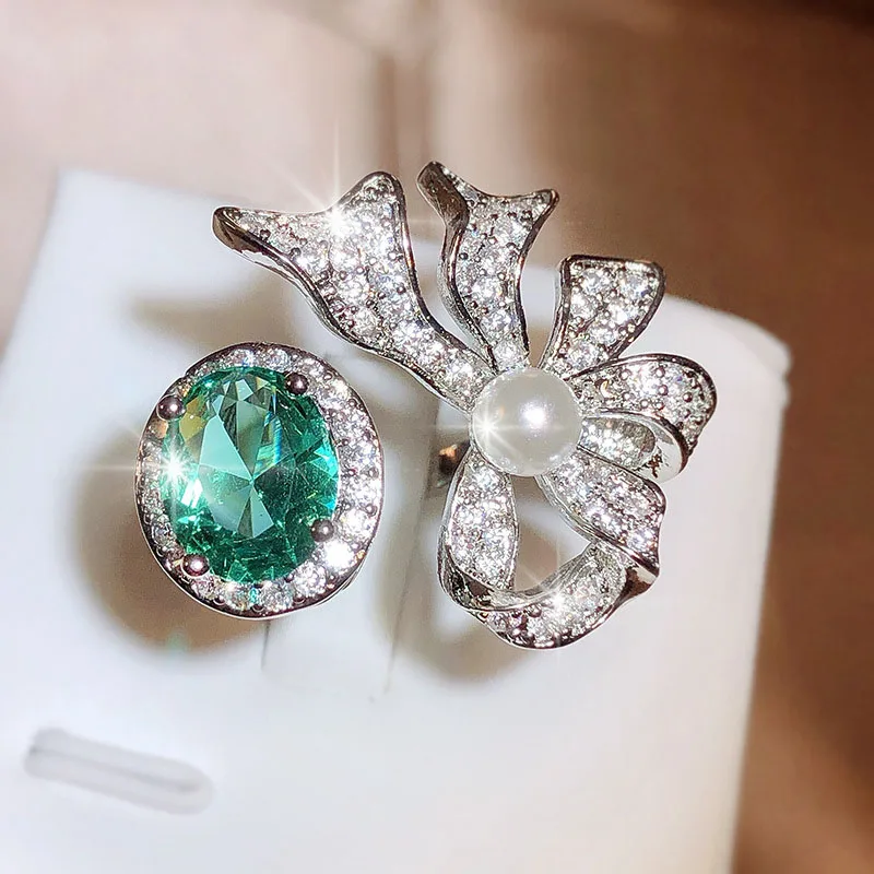 

2022 New Luxury Irregular Bowknot Zircon Imitation Pearl Engagement Rings for Women Fashion Prom Party Jewelry Accessories Gift