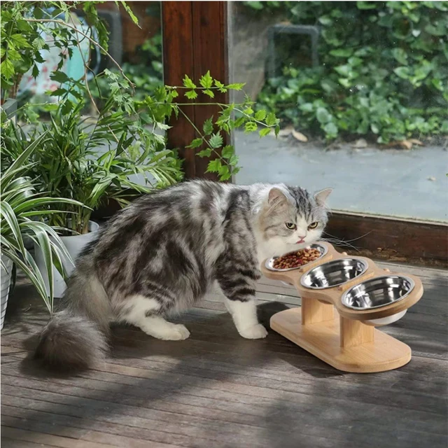 Anti Knock Pet Food Bowl with 3 Stainless Steel Bowls Wooden Pet Bowl Rack  Adjustable and Detachable Suitable for Cats and Dogs 4