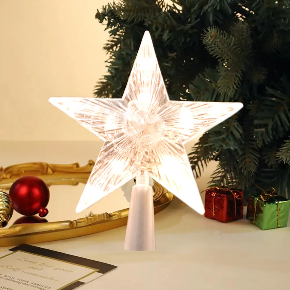 Christmas Tree Top Transparent Five-pointed Star LED Lights Merry Christmas Holiday Decorations Home Supplies 1Pcs christmas tree decoration,christmas star decoration